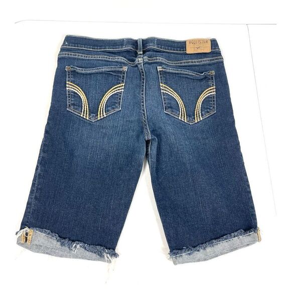 Hollister Jean Bermuda Socal Stretch Shorts Denim Dark Wash Blue Cutoff Mid Rise - Picture 2 of 3